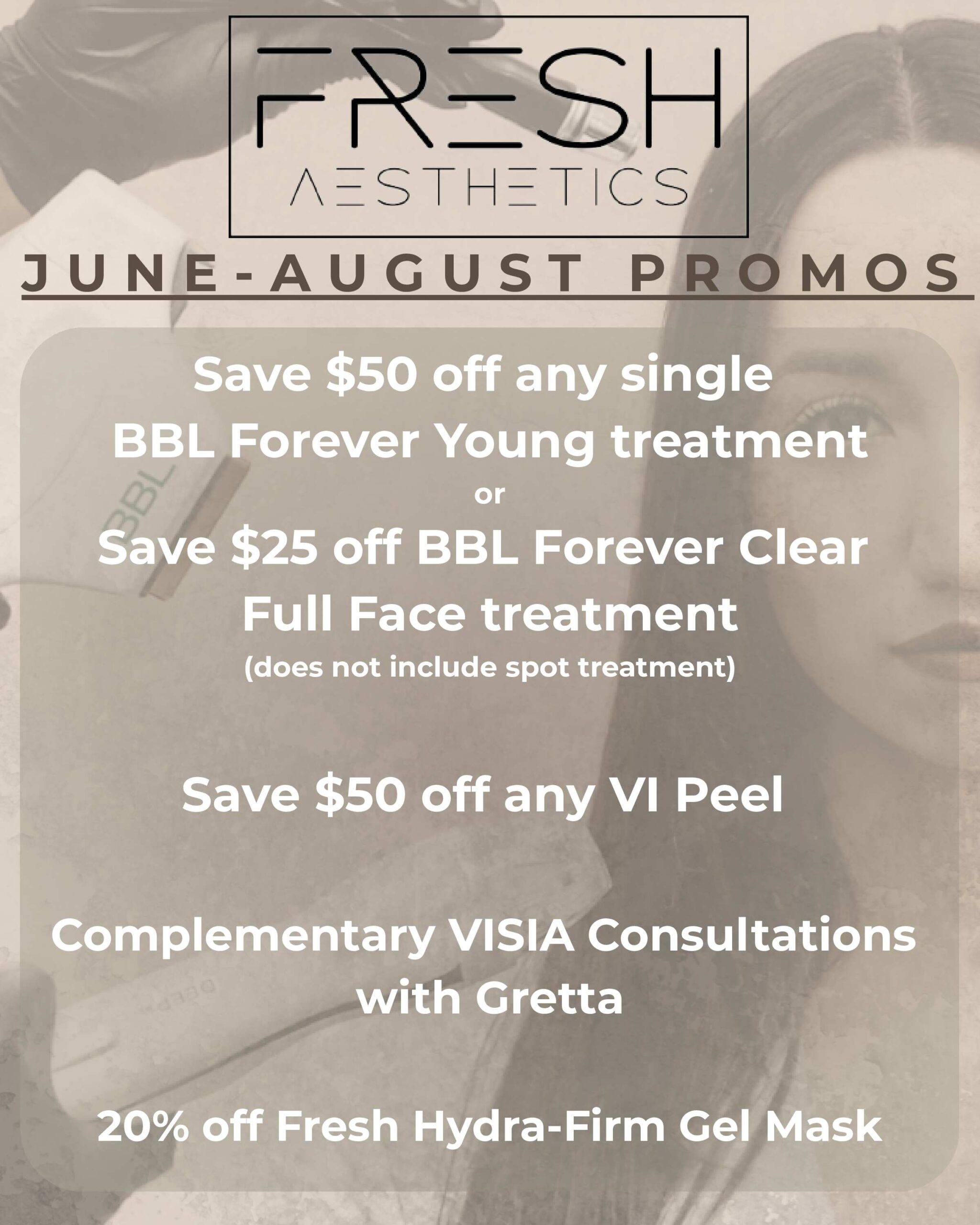 Photo of the June-August promo information. Call us to learn more.