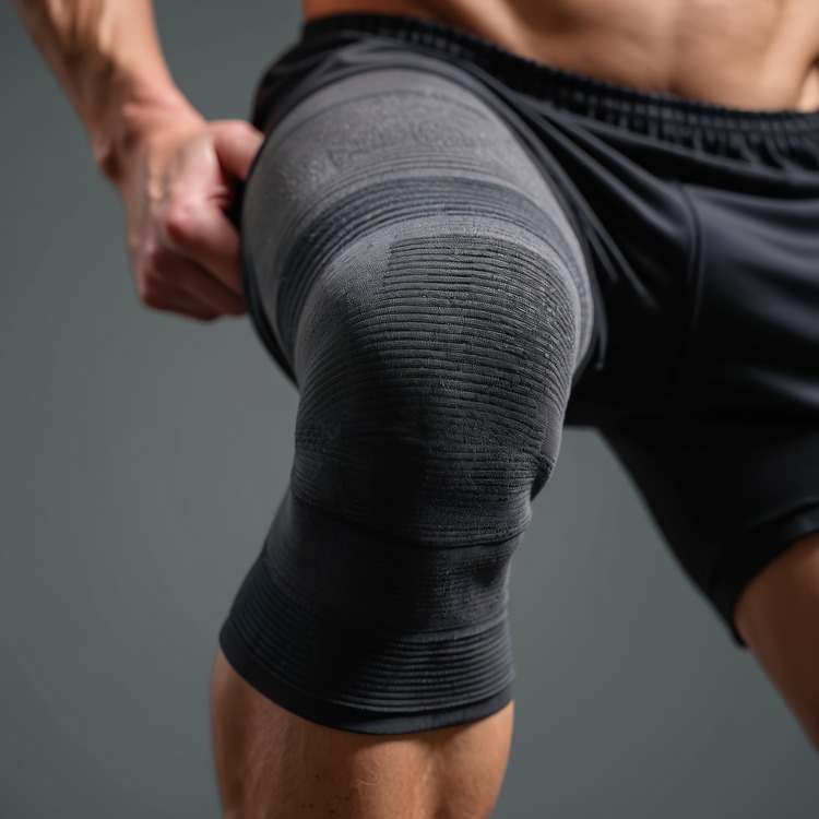 Close-up photo of athlete leg wearing gray knee support brace for compression.